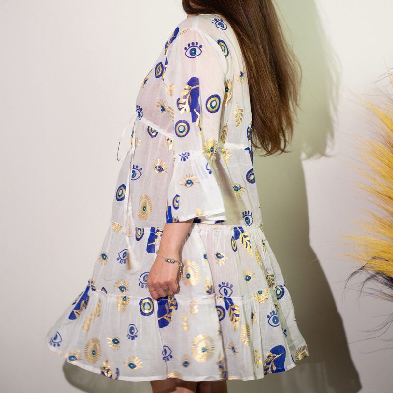 White, Blue & Gold Evil Eye M/L Handpainted Nomad Sari Dress