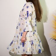 White, Blue & Gold Evil Eye M/L Handpainted Nomad Sari Dress