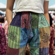 Mushroom Pants - Nomad Sari Block Print Designs - Green Tones - S/M