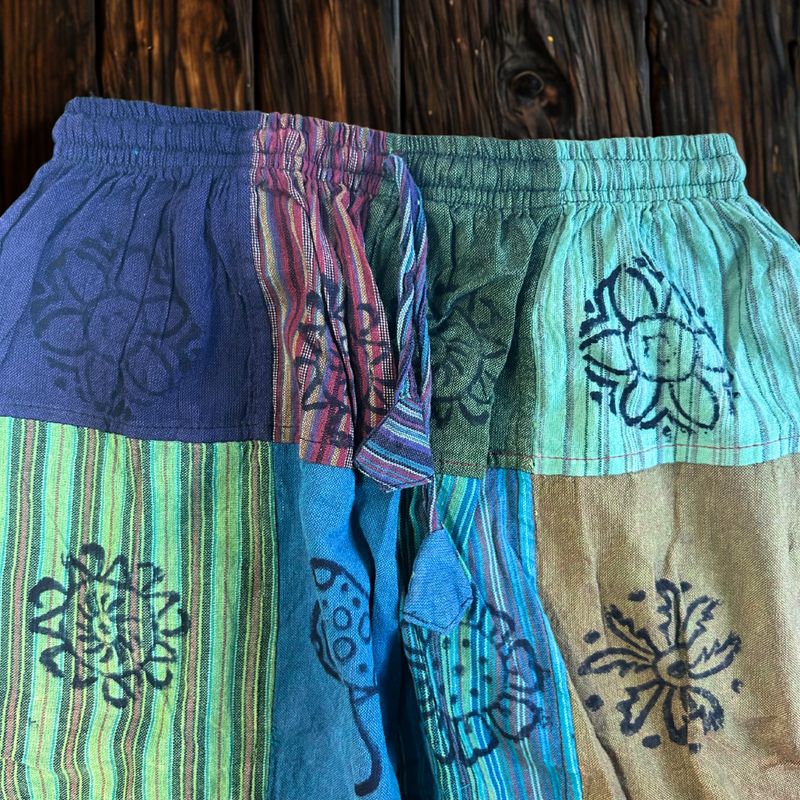 Mushroom Pants - Nomad Sari Block Print Designs - Green Tones - S/M