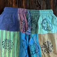 Mushroom Pants - Nomad Sari Block Print Designs - Green Tones - S/M