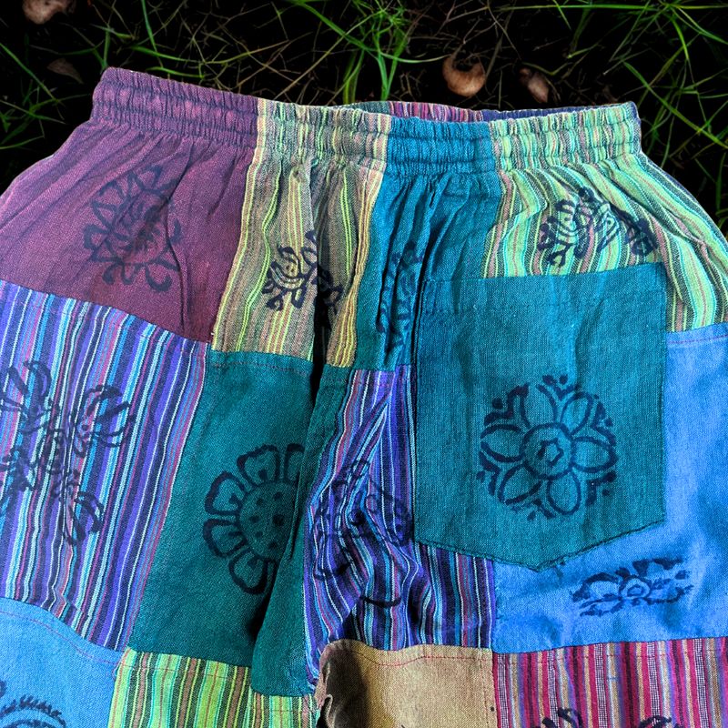 Mushroom Pants - Nomad Sari Block Print Designs - Green Tones - S/M