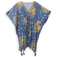 Sea Blue & Gold Coral Design Handpainted Nomad Sari Kaftan