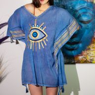 Rich Blue & Gold Evil Eye Handpainted Nomad Sari Kaftan