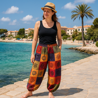 Mushroom Pants - Nomad Sari Block Print Designs - Orange Tones - S/M