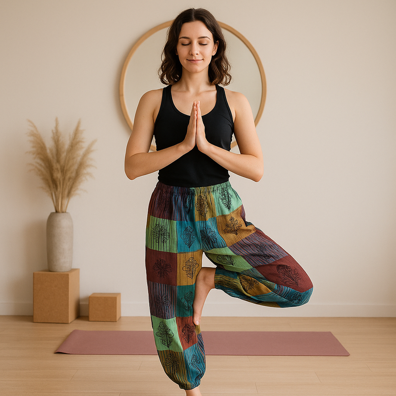 Mushroom Pants - Nomad Sari Block Print Designs - Green Tones - S/M