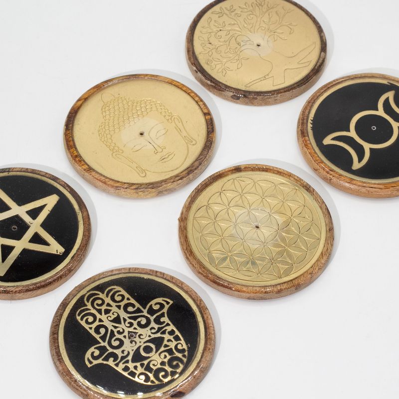Incense Holder - Gold & Black on Mango Wood -  Pentagram