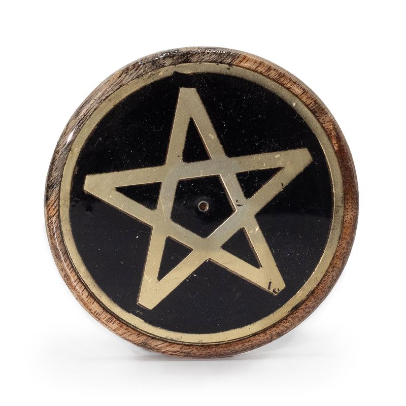 Incense Holder - Gold & Black on Mango Wood -  Pentagram