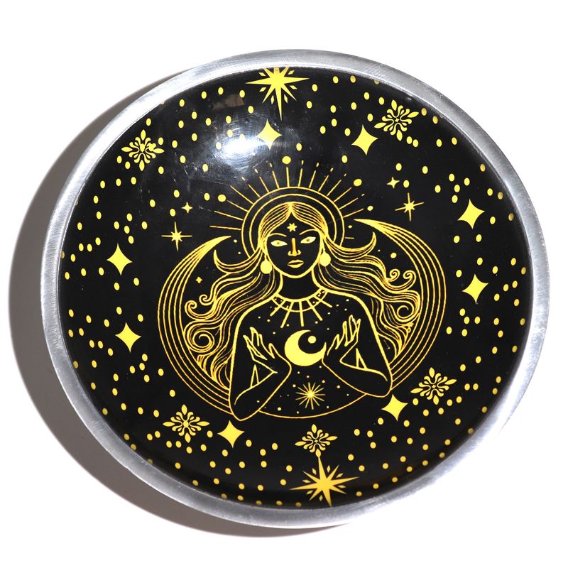 Triple Leg Enameled Offering Plate - Gold Goddess on Black