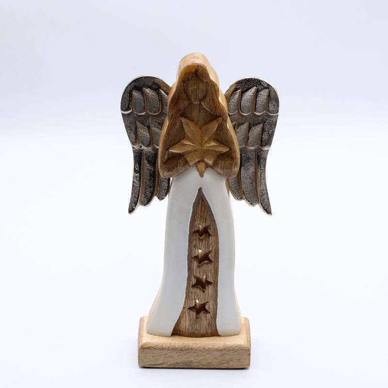 Large Mango Wood Star Angel Metal Wings & Enamel Detail - 30cm