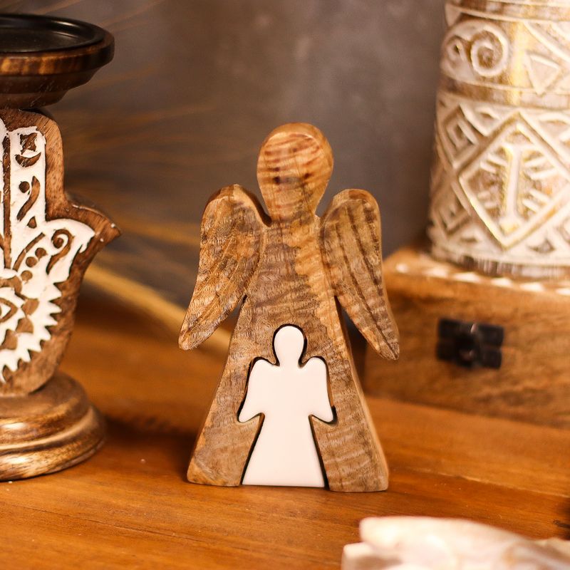 Mango Wood Angel in Angel - White Enamel - 15cm