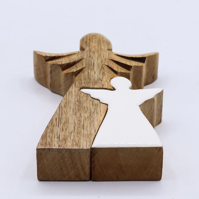 Mango Wood Angel in Angel - White Enamel - 15cm
