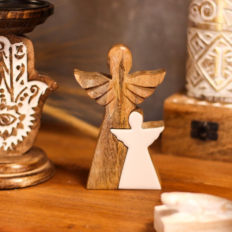 Mango Wood Angel in Angel - White Enamel - 15cm