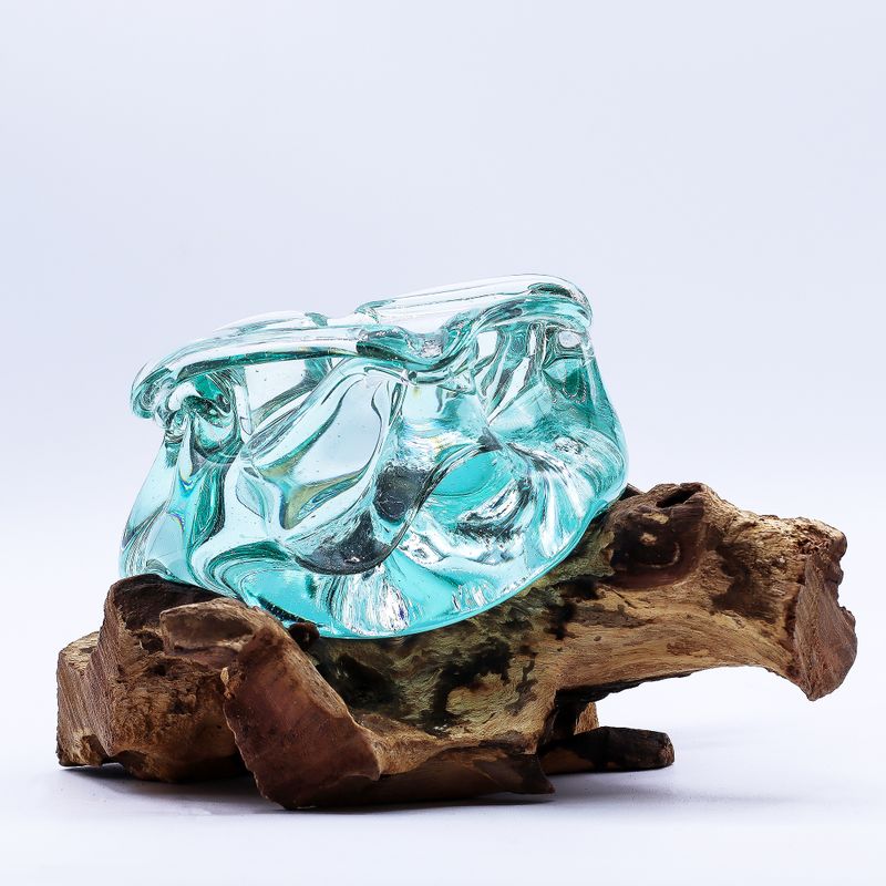 Molten Glass Chunky Ashtray / Candle Holder on Wood