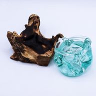 Molten Glass Chunky Ashtray / Candle Holder on Wood