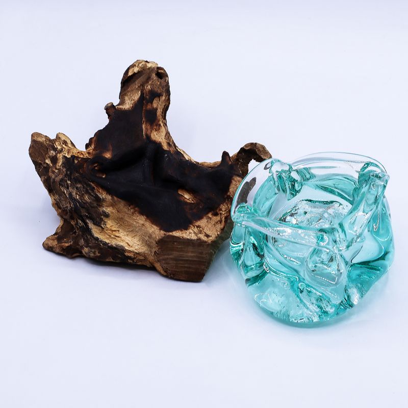 Molten Glass Chunky Ashtray / Candle Holder on Wood