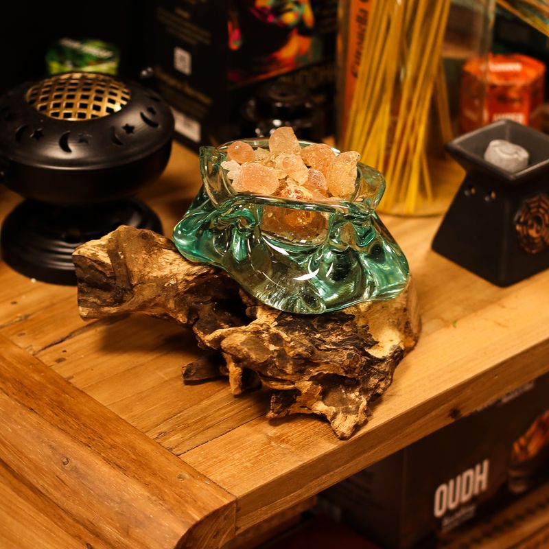 Molten Glass Chunky Ashtray / Candle Holder on Wood