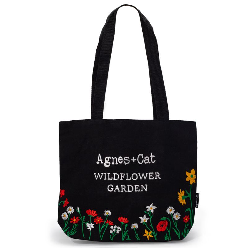 Black Cotton Tote with Embroidery - Wildflower Garden with Red Flowers