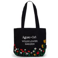 Black Cotton Tote with Embroidery - Wildflower Garden with Red Flowers