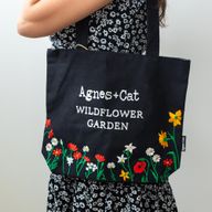 Black Cotton Tote with Embroidery - Wildflower Garden with Red Flowers