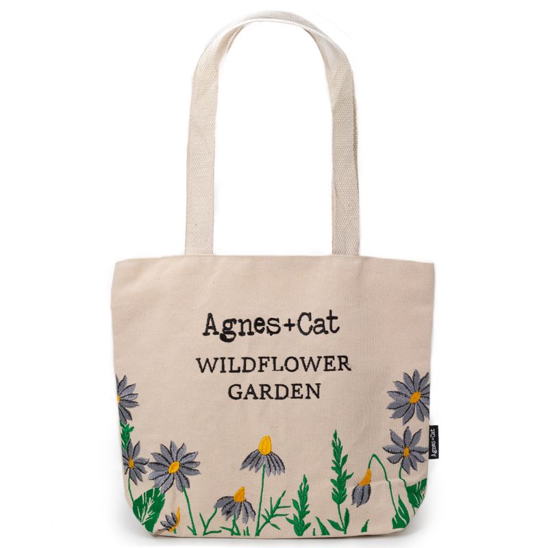 Cotton Tote with Embroidery - Wildflower Garden with Purple Flowers