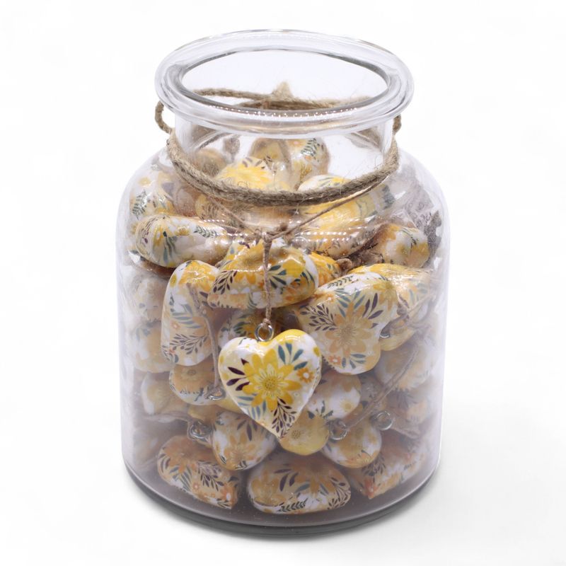 Large Decor Wood Hearts -  Yellow Floral (50) - in Display Jar