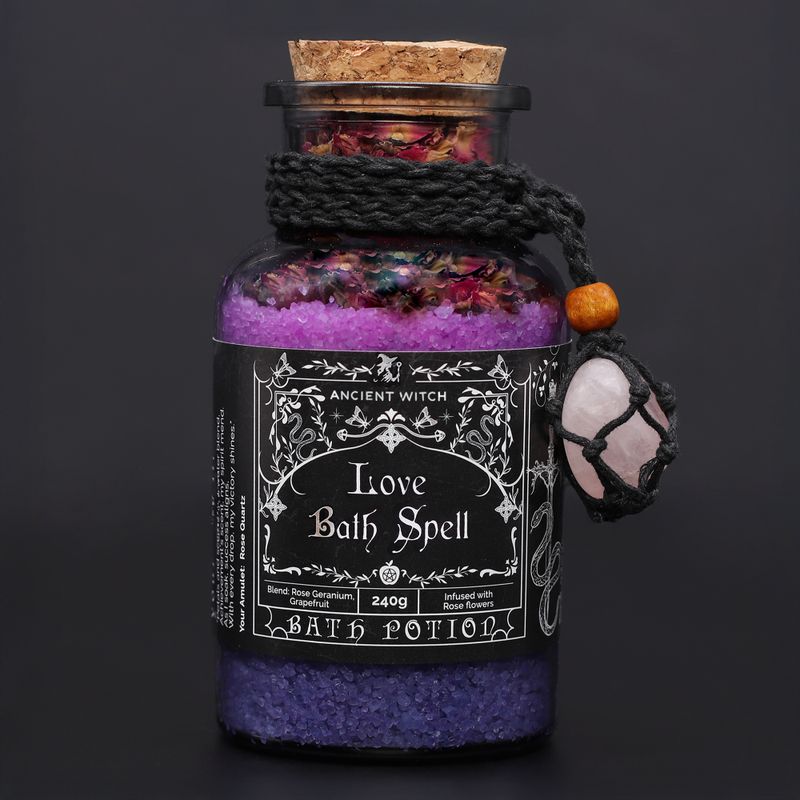 Ancient Witch Bath Spell Potion & Rose Quartz Crystal Amulet - Love
