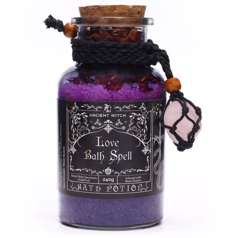 Ancient Witch Bath Spell Potion & Rose Quartz Crystal Amulet - Love