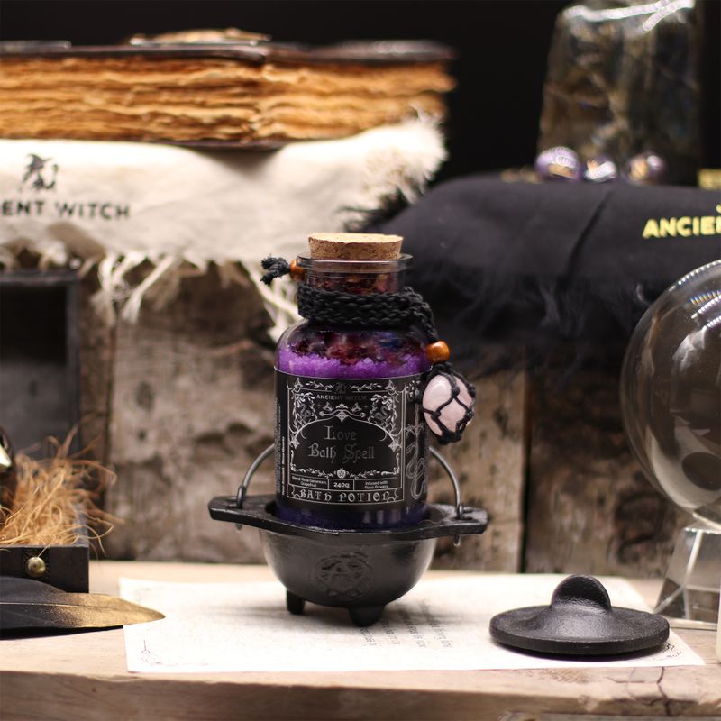 Ancient Witch Bath Spell Potion & Rose Quartz Crystal Amulet - Love