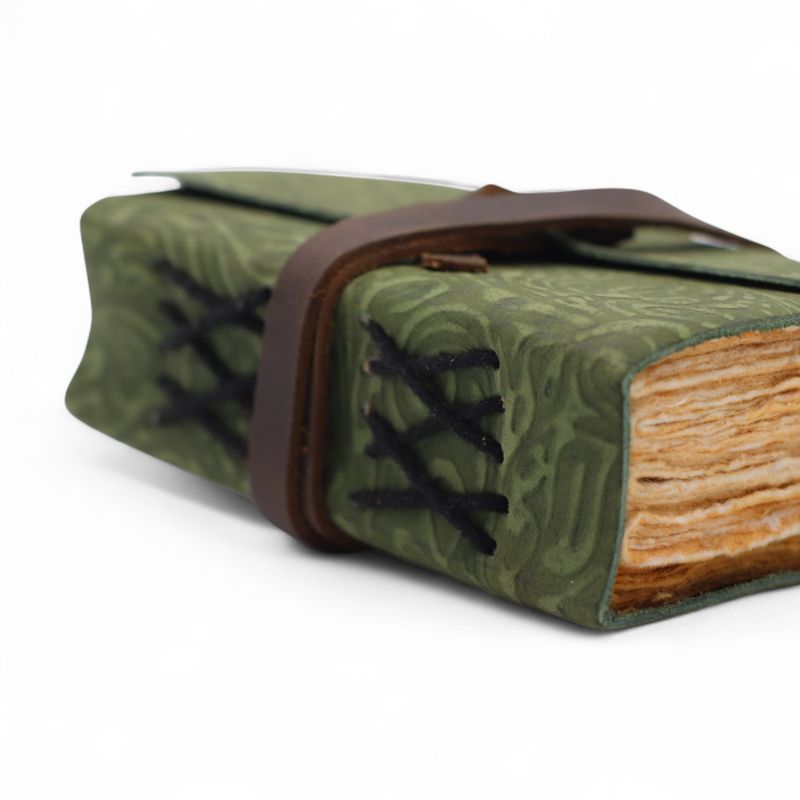 Fat Deckled Edge Leather Notebook (5x3.5") - Green Maze Pattern