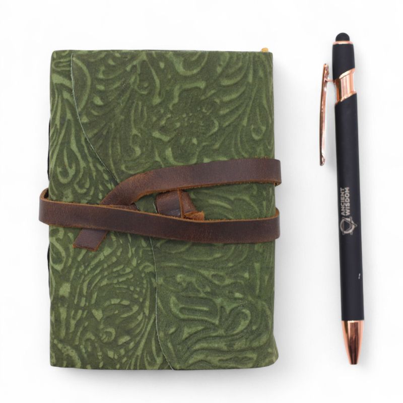 Fat Deckled Edge Leather Notebook (5x3.5") - Green Maze Pattern