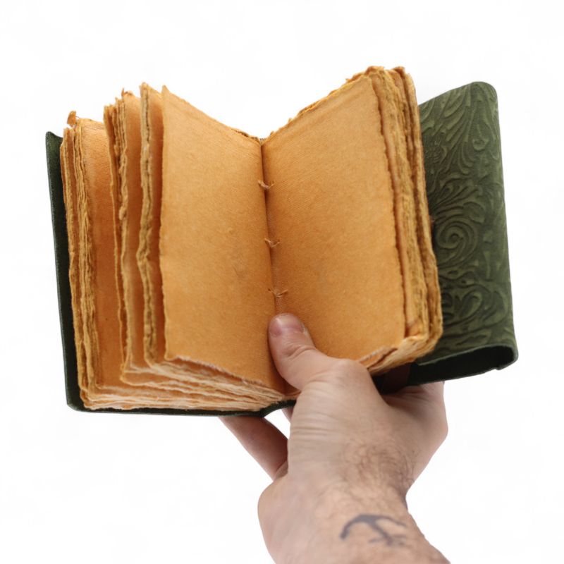 Fat Deckled Edge Leather Notebook (5x3.5") - Green Maze Pattern