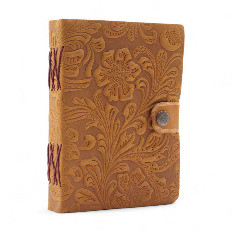 Leather Embossed Notebook (7x5") - Tan Floral Pattern - 200 Pages