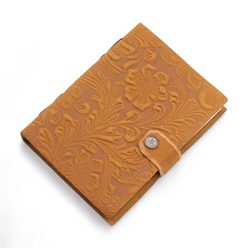 Leather Embossed Notebook (7x5") - Tan Floral Pattern - 200 Pages