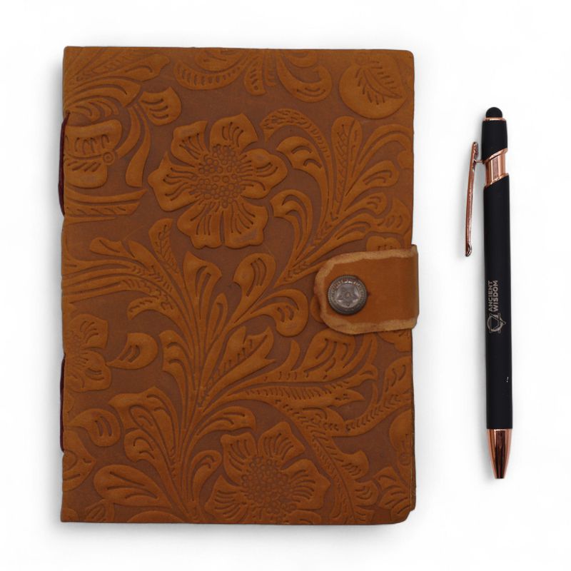 Leather Embossed Notebook (7x5") - Tan Floral Pattern - 200 Pages
