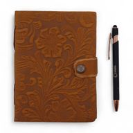 Leather Embossed Notebook (7x5") - Tan Floral Pattern - 200 Pages