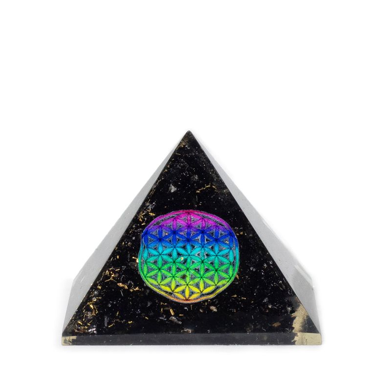 Small Orgonite Pyramid 5.5x4.5cm - Flower of Life - Black Tourmaline Chips