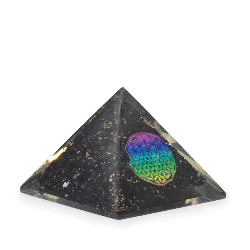 Small Orgonite Pyramid 5.5x4.5cm - Flower of Life - Black Tourmaline Chips