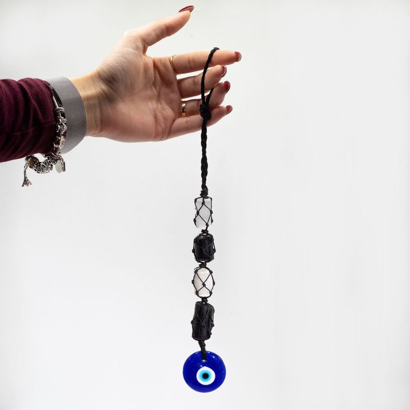 Hanging Stone Pendant – Black Tourmaline & Selenite Tumble – Evil Eye