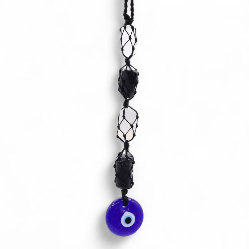 Hanging Stone Pendant – Black Tourmaline & Selenite Tumble – Evil Eye