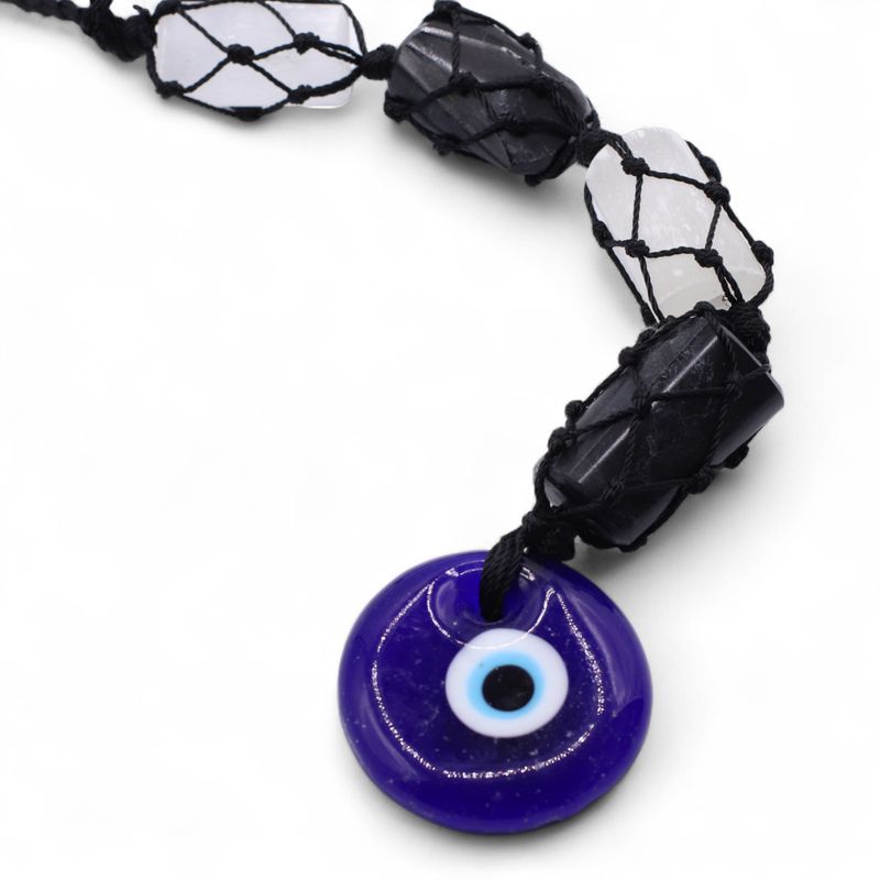 Hanging Stone Pendant – Black Tourmaline & Selenite Tumble – Evil Eye