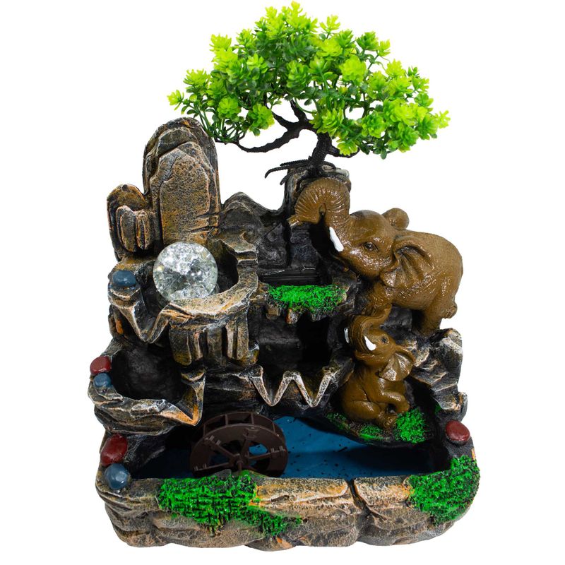 Tabletop Water Feature -30x20x35cm - Elephants in Love, Crystal Ball, Light & Watermill