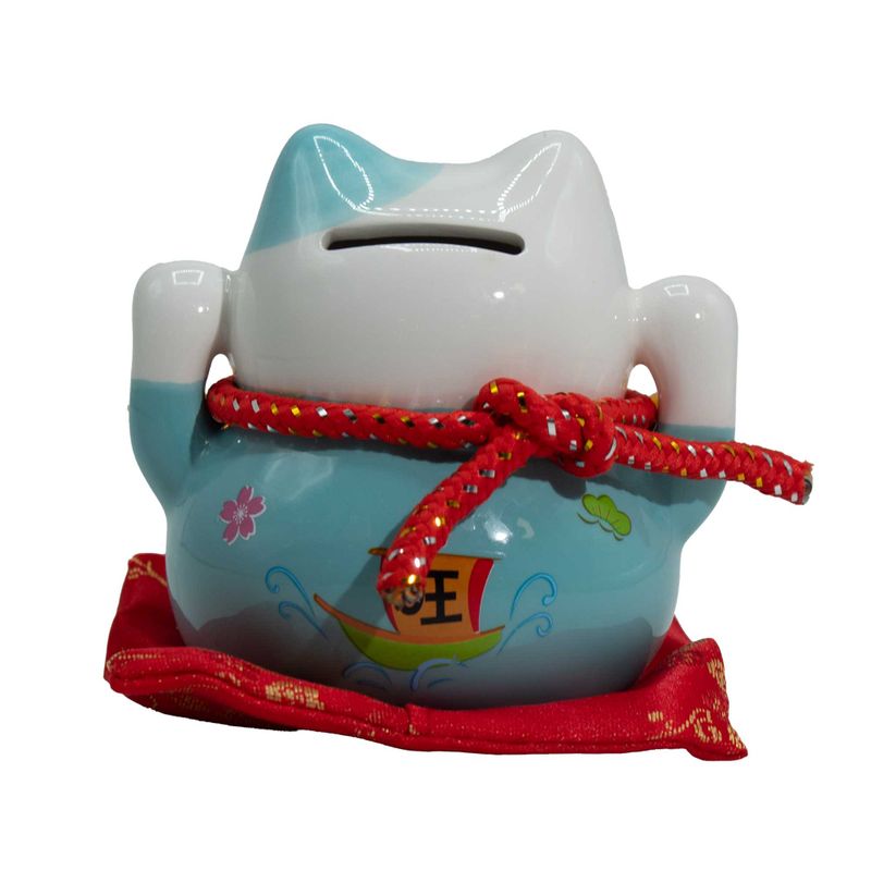 Ceramic Money Cat Bank - Blue on Cushion