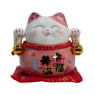 Ceramic Money Cat Bank - Pink on Cushion