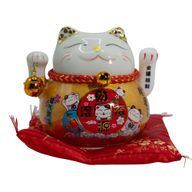 Ceramic Money Cat Moving Hand  - Gold on Cushion (battery not included)