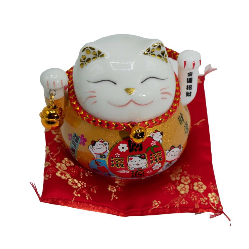 Ceramic Money Cat Moving Hand  - Gold on Cushion (battery not included)