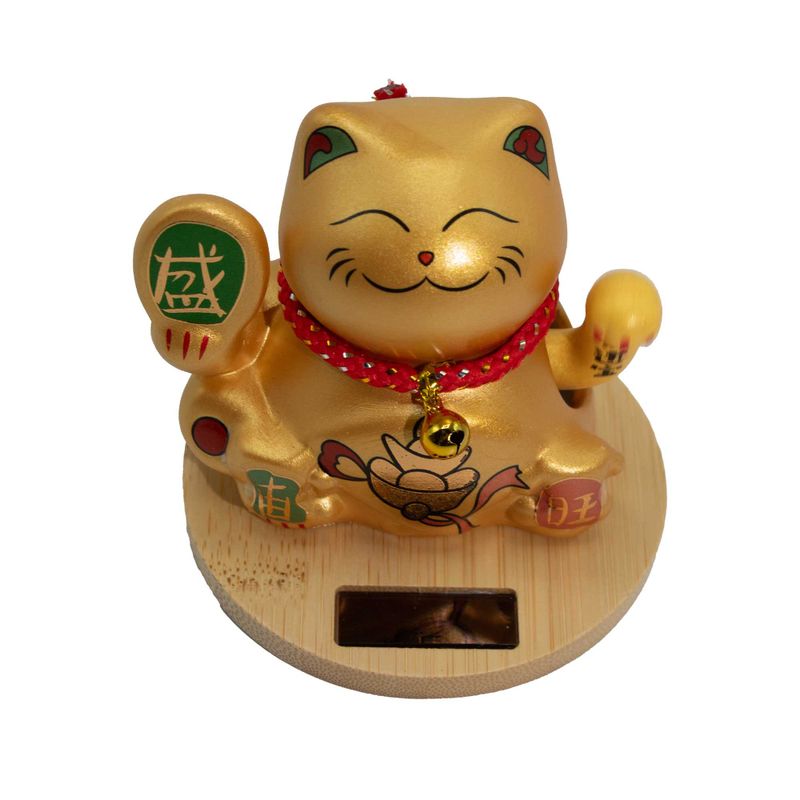 Solar Money Cat Wooden Base  - Gold Moving Hand