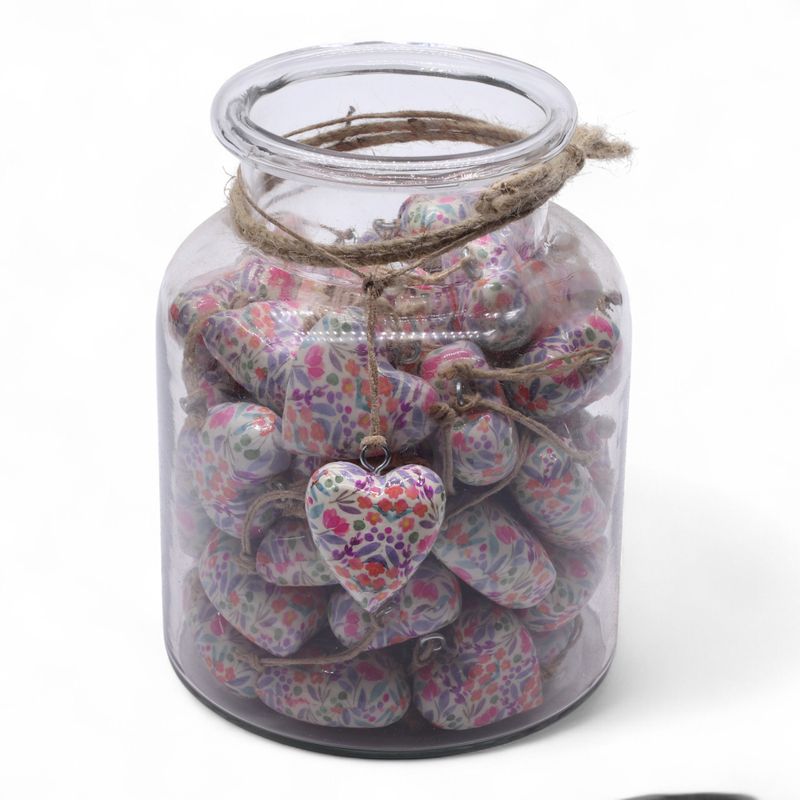 Large Decor Wood Hearts -  Pretty Floral (50) - in Display Jar
