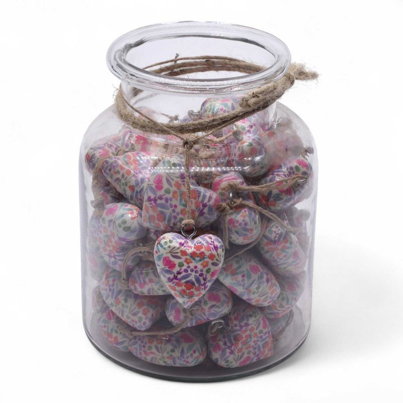 Large Decor Wood Hearts -  Pretty Floral (50) - in Display Jar