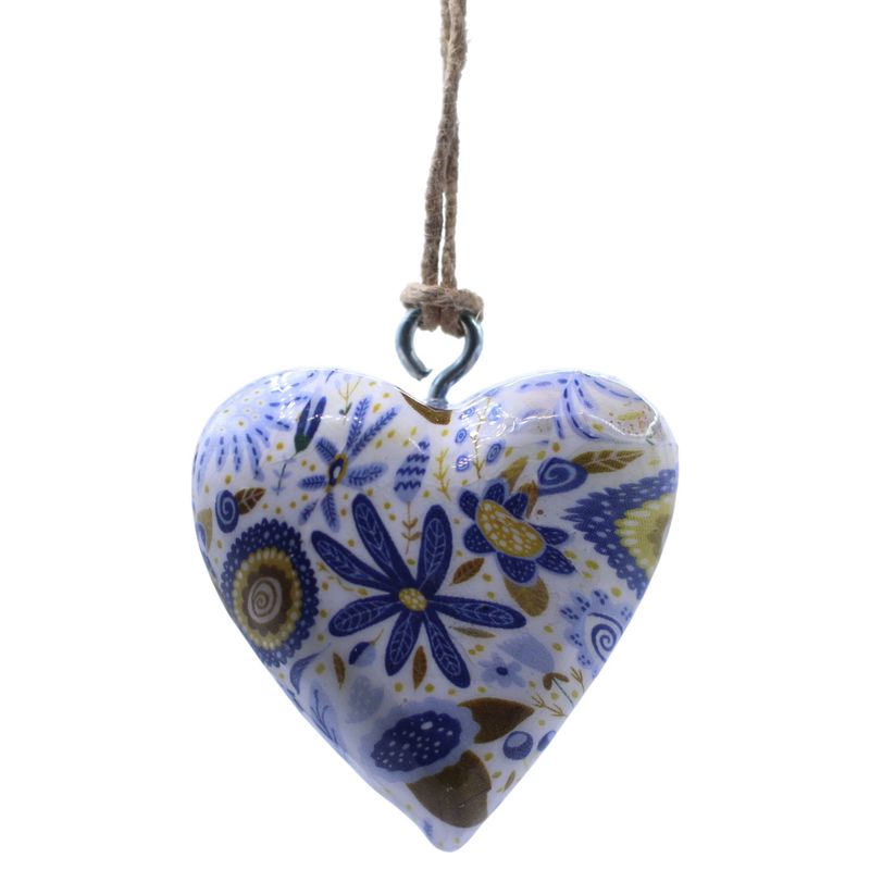 Large Decor Wood Hearts -  Blue Floral (50) - in Display Jar
